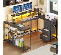 YITAHOME Scrivania angolare con 4 cassetti e spazio di archiviazione, scrivania da gioco con LED e supporto per monitor per casa, ufficio, scrivania angolare reversibile con 2 prese e 2 porte di