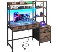 YITAHOME Scrivania per computer con cassetti, angolo di casa, ufficio, computer, tavolo e scaffali, scrivania da gioco, workstation con luce a LED e prese, scrivania angolare, marrone vintage