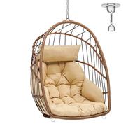 YITAHOME Sedia a Dondolo Carico Massimo 150kg Poltrona Sospesa da Giardino con Cuscini, Struttura in Rattan Robusta Sedia Amaca Appesa con Catena e Gancio a S per Interni ed Esterni, Marrone & Beige