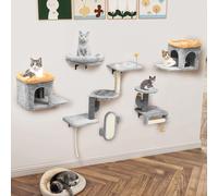 YITAHOME Set da arrampicata per gatti da 7 pezzi grigio chiaro e giallo - Struttura in peluche con casa, amaca e palla sospesa