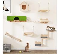 YITAHOME Set da parete per gatti in legno robusto, 7 ripiani con casa, ponte sospeso, scale, amaca e tiragraffi per dormire, giocare e riposare