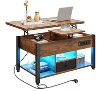 YITAHOME Tavolino con altezza regolabile, tavolino multifunzione 4 in 1 con vano portaoggetti e illuminazione a LED, tavolino da caffè converte in un tavolo da pranzo per il soggiorno, marrone vintage