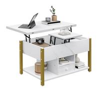 YITAHOME Tavolino da Caffè con Altezza Regolabile, 4 in 1 Tavolino Multifunzionale con Spazio di Archiviazione Tavolino da Caffè Trasformabile in Tavolo da Pranzo per Soggiorno, Marmo Bianco