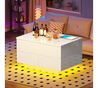 YITAHOME Tavolino da Caffè Sollevabile con Cassetti e Vano Nascosto, Tavolo Moderno da Salotto con con 16 Colori di Luci a LED, Bianco, 80 x 55 x 46 cm