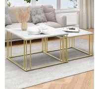 YITAHOME Tavolino da Salotto 2 Pezzi, Tavolini da Caffè in Legno Bianco Grigio con Design Staccabile, Tavolo da Soggiorno, Tavolino da Divano con Robusta Struttura in Metallo Dorato
