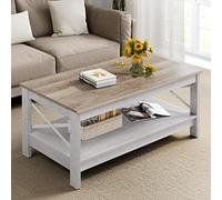 YITAHOME Tavolino da salotto, tavolino rettangolare a 2 piani, in legno spesso, supporto laterale in metallo, stabile 100 x 55,3 x 45 cM (bianco+grigio)