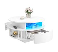YITAHOME Tavolino Moderno Rotondo con LED, 70 cm, Spazio Archiviazione a 2 Livelli e 2 Cassetti, Design Scanalato, Ripiani, Tavolo d'Appoggio per Soggiorno, Bianco