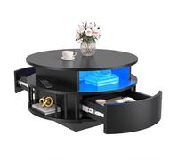 YITAHOME Tavolino Moderno Rotondo con LED, 70 cm, Spazio Archiviazione a 2 Livelli e 2 Cassetti, Design Scanalato, Ripiani, Tavolo d'Appoggio per Soggiorno, Nero
