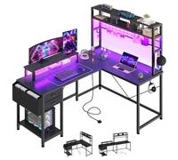 YITAHOME Tavolo da gioco a forma di L con prese e luci a LED, scrivania con supporto per monitor, scrivania angolare reversibile con ripiani, scrivania per computer per casa, ufficio, 150 x 100 x 150