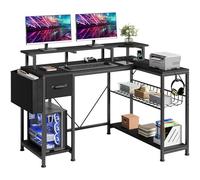 YITAHOME Tavolo da gioco con prese e luci a LED, scrivania a forma di L con supporto per monitor, scrivania angolare con cassetti e scaffali, scrivania per computer per casa, ufficio, 120 x 50 x 92 cm