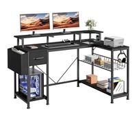 YITAHOME Tavolo da gioco con prese e luci a LED, scrivania a forma di L con supporto per monitor, scrivania angolare con cassetti e scaffali, scrivania per computer per casa, ufficio, 137 x 50 x 92 cm