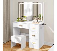 YITAHOME Tavolo da toeletta bianco con stazione di ricarica a specchio LED 4 cassetti Prese di corrente per illuminazione Design a prova di punta