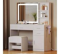 YITAHOME Tavolo da toeletta con illuminazione a LED, 3 colori con luminosità regolabile, tavolo da toeletta con cassetti, tavolo da toeletta con sgabello, grande spazio, bianco