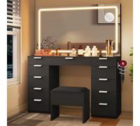 YITAHOME Grande tavolo da toeletta con illuminazione a LED regolabile e prese,tavolo da toeletta con specchio, tavolo da toeletta con 11 cassetti con sgabello,nero