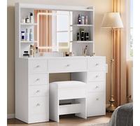 YITAHOME Tavolo da toeletta con illuminazione a LED regolabile e prese, tavolo cosmetico con specchio, sgabello e piano in vetro, tavolo da toeletta con stazione di ricarica wireless e cassetti per la