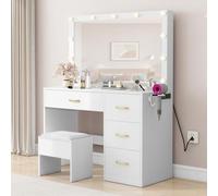 YITAHOME Tavolo da toeletta con illuminazione a LED regolabile e prese,tavolo da toeletta con specchio, 3 colori con luminosità regolabile, tavolo da toeletta con cassetti con sgabello, bianco