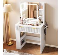 YITAHOME Tavolo da toeletta con illuminazione a LED regolabile e prese, tavolo da trucco con piano in vetro trasparente, tavolo da toeletta per camera da letto, 1 cassetto e 4 scomparti, bianco