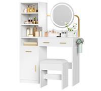 YITAHOME Tavolo da toeletta con illuminazione, luminosità regolabile, tavolo da toeletta, cassetti da toeletta, tavolo moderno con sgabello, ripiani regolabili, porta asciugacapelli