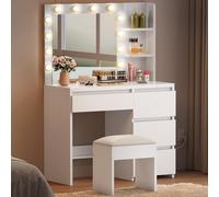 YITAHOME Tavolo da toeletta con illuminazione, tavolo da toeletta con specchio, 3 colori con luminosità regolabile, tavolo da toeletta con 4 cassetti, scomparti aperti Vanity Table bianco