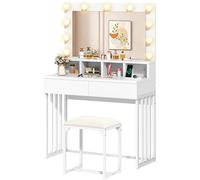 YITAHOME Tavolo da toeletta con illuminazione, tavolo da toeletta con specchio e sgabello, 3 colori con luminosità regolabile, tavolo cosmetico con 2 cassetti, stazione di ricarica, tavolo da toeletta