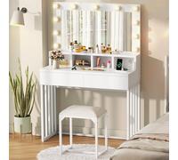 YITAHOME Tavolo da toeletta con sgabello illuminazione LED Hollywood 3 colori con luminosità regolabile, tavolo da toeletta con specchio 2 porte di ricarica USB tavolo cosmetico con specchio, 2