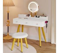 YITAHOME Tavolo da toeletta con specchio a LED e sgabello, 3 cassetti e ripiano per trucchi, climatizzatore integrato e porte USB, finitura lucida, gambe svasate moderne, 100 x 40 x 85 cm, bianco