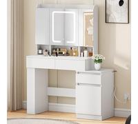 YITAHOME Tavolo da toeletta con specchio e illuminazione a LED, con sgabello, cassetti e porta USB, scomparti regolabili, moderno tavolo da toeletta per camera da letto e trucco, porta asciugacapelli