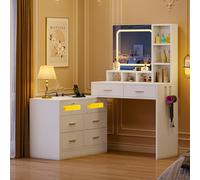 YITAHOME Tavolo da toeletta con specchio e illuminazione, tavolo da toeletta con cassettiera reversibile, luminosità regolabile, tavolo da toeletta con USB e presa RGB, con 6 cassetti, moderno, bianco