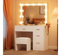 YITAHOME Tavolo da toeletta con specchio, tavolo da trucco con 4 cassetti, tavolo da toeletta con sgabello, illuminazione, presa elettrica, bianco (tavolo da trucco, tavolo da toeletta, tavolo da