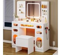 YITAHOME Tavolo da Toeletta Grande con Illuminazione LED, Specchio e Sgabello, 4 Ripiani Aperti e Cassetti, Prese RGB