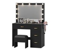 YITAHOME Tavolo da toeletta nero con illuminazione a LED regolabile Prese di corrente Specchio Sgabello con cassetti a 3 colori con luminosità