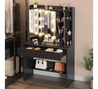 YITAHOME Tavolo da toeletta nero, scrivania con 3 specchi e 2 cassetti, toletta per camera da letto con luci LED, 10 lampadine, 3 colori chiari per gioielli e ripiani aperti, scrivania moderna per