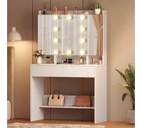 YITAHOME Toeletta da Trucco con 10 Luci LED Hollywood, Postazione Trucco con Specchio Postazione Make-up con Mensole Aperte e 2 Cassetti, Moderno Toeletta Trucco con Luci
