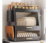 YITAYMLI Scolapiatti da dispensa a 3 Ripiani con Coperchio,Organizer da Piano Cucina Resistente antiruggine,Multifunzionale Scolapiatti salvaspazio,per Piatti, Bicchieri, Ciotole(Black)