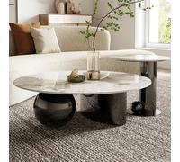 YITAYMLI Tavolino da caffè rotondo effetto marmo contemporaneo,set da 2,tavolino centrale e laterale stile metà secolo con base metallica sferica,mobili astratti e di lusso(Black,32"+20")