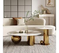 YITAYMLI Tavolino da caffè rotondo effetto marmo contemporaneo,set da 2,tavolino centrale e laterale stile metà secolo con base metallica sferica,mobili astratti e di lusso(Gold,36"+20")