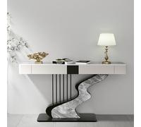 YITAYMLI Tavolo Consolle Contemporaneo Mezzaluna Piano in Ardesia Tavolo Divano Ingresso di Lusso Lungo e Stretto Due Cassetti Base Creativa in Acciaio al Carbonio Decorativa(Black C,100cm/39.4in)