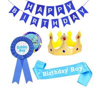 Yitexin 5 Pezzi Blu Ragazzo Coroncina Compleanno, Fascia, Distintivo, Bandiera e Corsaggio, Compleanno Fascia Tiara Set per Gli uomini Cappello AccessoriCapelli Celebrazioni Decorazione (Blu)