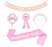 Yitexin 5 Pezzi Rosa Coroncina Compleanno, Distintivo, Fascia, Banner e Torta Topper, Festa Birthday Girl Fascia Tiara Set per Accessori Capelli Celebrazioni Donne Decorazione (Rosa)
