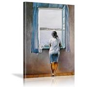 YIUEYI Stampa su tela poster ragazza alla finestra dipinto Salvador Dalì donna blu mare immagine per soggiorno decorazione domestica 70 x 100 cm cornice in legno