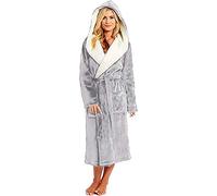 Yivise Accappatoio da donna con cappuccio Fuzzy Fleece Robe Sherpa foderato Spa Robe Vestaglia Housecoat Full Length Plus Size, Grigio, 5XL