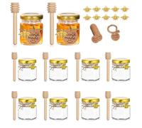 Yiyifor Mini Vasetti di Vetro, 10 Pezzi 35ml Barattoli con Mestolo in Legno,Coperchio Dorato,Ciondoli a Forma di Ape, Miele in Vetro,per Marmellata, per Spezie,