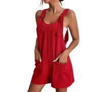 YIzdegg Salopette da donna, corto, estivo, in cotone, con spalline regolabili, tuta intera, Colore: rosso, M
