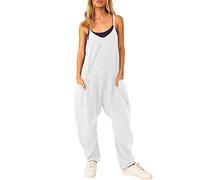 YIzdegg Salopette da donna estive, larghe, in lino, oversize, con scollo a V, senza maniche, elegante, leggero e traspirante, con grandi tasche, bianco, M