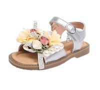 YIzdegg Sandali per bambini e bambine, con fiori, principesse, estivi, vacanze, spiaggia, per il tempo libero, piatti, antiscivolo, per matrimoni, compleanni, damigelle d'onore, argento, 30 EU
