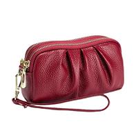 Yizelli Donna Pieghettato in Pelle Polso Pochette a Doppio Strato Cerniera Borsa Portafoglio Cellulare (Rosso Vino)