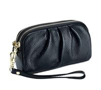 Yizelli Donna Pieghettato in Pelle Polso Pochette a Doppio Strato Cerniera Borsa Portafoglio Cellulare (Nero)