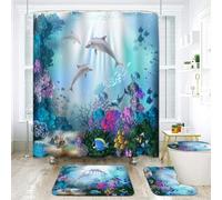 Yizheer Set di 4 tende da doccia per bagno con delfino marino e corallo, con 12 ganci, tappetino da bagno a forma di U, materiale PEVA, 182 x 182 cm, decorazione per bagno per vasca da bagno (blu)