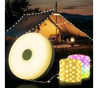 Yizhet Catena Luminosa da Campeggio 2 in 1, 10M Stringa di Luci Avvolgibile, 9 Modalità, Luce Calda e Colorata, Ricaricabile USB C e Impermeabile IPX4 per Tenda, Giardino, Esterno, Verde