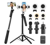 Yizhet Kit di Vlogging per iPhone/Android, 180cm Bastone Selfie Treppiede | con 2 Luci di Riempimento, 2 x Microfono Lavalier e Telecomando, Kit Selfie per Creatori di Contenuti TikTok e YouTube